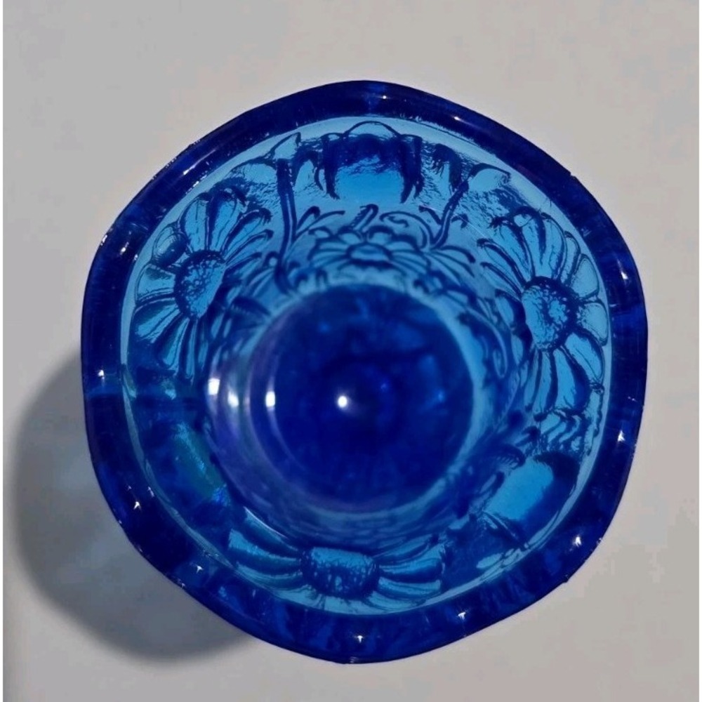 Vintage 80s Cobalt Blue Glass Daisy Toothpick Holder 4" Boho Footed Bud Vase - Picture 3 of 5
